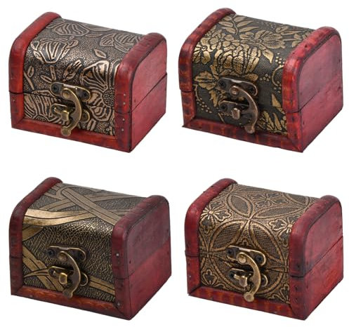 NATUCE 4 Pz Mini Cofre del Tesoro, 8 x 6.5 x 6 cm Pequeño Cofre del Tesoro Madera, Mini Caja de Madera Vintage para Fiesta de Cumpleaños con Temática Pirata