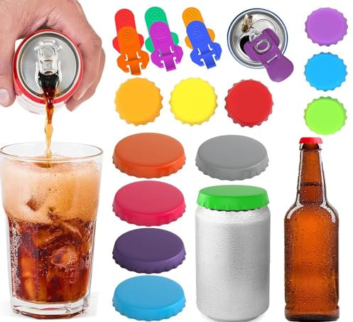12 Stück Silikon Gummi Flaschendeckel mit 6 Stück Silikon Getränkedosen Verschluss,und 6 Stück Bierdosenöffner,Wiederverwendbare Bierdosen Abdeckung für Hausbrauen Bier,Dosen Verschluss