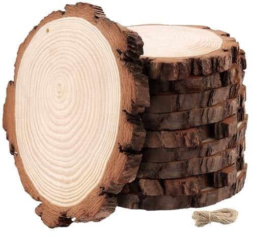 JAPCHET 10 Pcs 17-18cm Natural Wood Slices, Unfinished Wooden Discs Circles, Log Discs Tree Bark Wood Slices with Hole and Hemp Ropes for DIY Craft Decoration