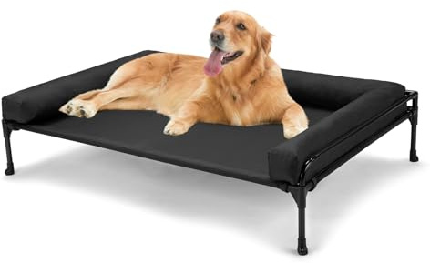 Veehoo Elevated Raised Dog Bed-Cooling Outdoor Dog Cot Bed for Large Sized Dogs Three-Sided Fence Raised Pet Cot with Mesh & No-Slip Feet Dog Hammock Bed with Removable Bolster-41 x 27 Black