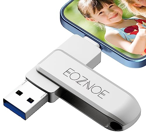 EOZNOE Memoria USB 128GB para iPhone, 3 en 1 Pendrive Sin Aplicación Guardar Fotos y Videos, Unidad Flash Memoria Externa para iPhone Compatible con Phone/Andriod/Pad/Mac/PC