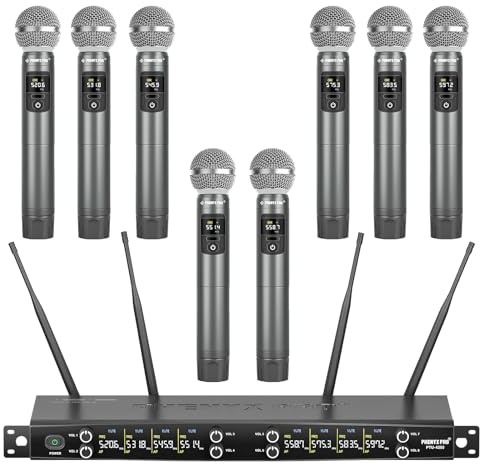 Phenyx Pro Wireless Microphone System, 8-Channel Metal Wireless Mic Set w/ 8 Cordless Mics, 8x20 UHF Frequencies, 200ft Range, Dynamic Microphones for Singing, Karaoke, Church, DJ (PTU-4200-8H)