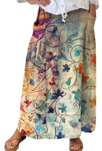 Damkjol linnekjol lång maxikjol bomull linne sommarkjol lätt fritidskjol vintage knälång elegant bohorock blommor A-linje strandkjol med fickor omlottkjol hög midja knälång, Kamouflage, XL