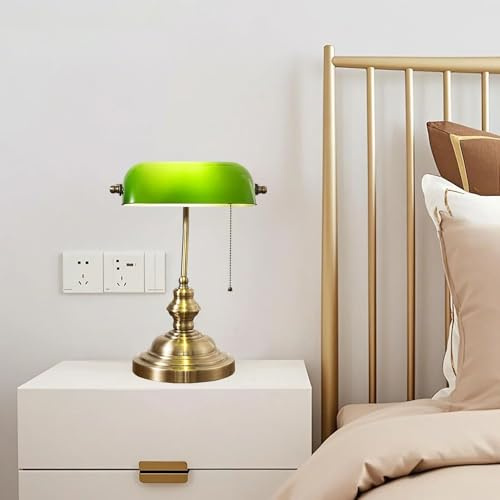 NLLATEI Lampe Banquier Antique en Verre Vert avec Base en Laiton, Lampe De Bibliothèque Traditionnelle avec Chaîne De Traction, Base E26, Lampe De Bureau Vintage pour Bureau, Salle D'étude(Green)
