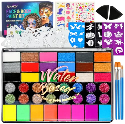 Kit de pintura facial para niños, 42 colores, kit profesional de pintura facial con plantillas, pinceles, piedras preciosas, para carnaval, Halloween, maquillaje de disfraces, día del niño