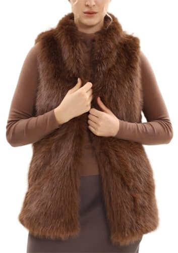 Amazhiyu Gilet en fausse fourrure pour femme, gilet chaud avec poche et ceinture, sans manches, col rond, cardigan long pour hiver/automne, marron, S
