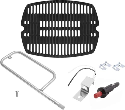 WELL GRILL Brûleur 69956 et grille 7645 en fonte | Pour barbecue à gaz Weber série Q2200, Q2400, Q200, Q220, Q2000, grille en fonte et tuyau de brûleur et allume-feu électrique
