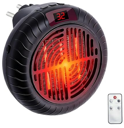 Prese termoventilatore con telecomando, 900 W, mini termoventilatore con timer 12 ore, mini riscaldamento in ceramica con display LCD, per bagno, camera da letto (nero)