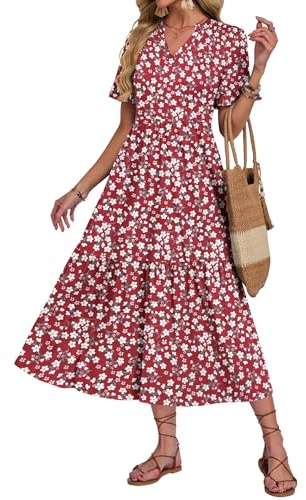 AUSELILY Summer Dresses for Women UK V Neck Maxi Dresses Red Floral L