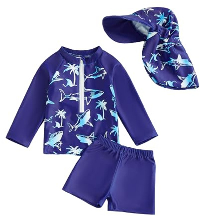 Nicoxijia Toddler Boy 3 Piece Swimsuit Rash Guard Set Dolphin Print Long Sleeve Trunks Swimwear Bathing Suit with Hat UPF 50+ (Blue, 3-4 Years)