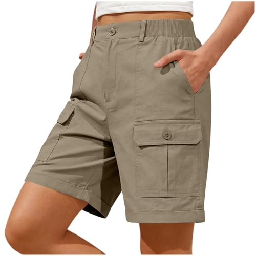 Pantalones Cortos Cargo para Mujer, Bermuda Estilo Casual de Verano, con Bolsillos y Botones, Pierna Ancha,Ligeros Elasticos Shorts Secado Rápido Pantalón de Trabajo Cintura Alta Deportivo