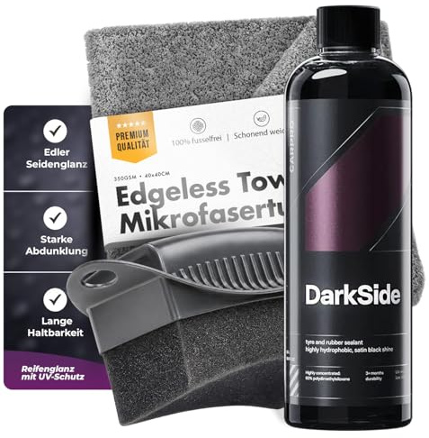 Shiny Freaks Reifenglanz Set: CarPro Darkside (500ml) Reifenpflege + chemicalworkz Tire Dressing Reifen Applikator + Tuch | Neuer Reifen Glanz für verblasste Reifen mit UV-Schutz | 3-TLG.