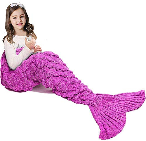 AOSUCO Handmade Knitted Mermaid Tail Blanket,Warm Sofa Quilt Living room blanket for Adults and Kids 140 * 70cm (55.1 inch x27.5 inch) (Kids-Scale Pink)
