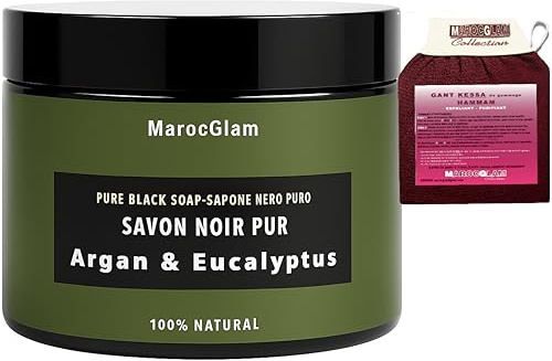Savon Noir à l’eucalyptus et argan 250g +Gant de gommage kessa OFFERT à Huile d'ARGAN bio, exfoliant Naturel - Hammam Marocain - Purifiant - MAROC GLAM