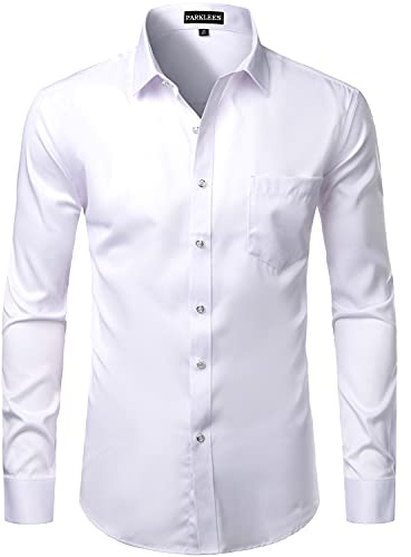 PARKLEES Chemise décontractée à manches longues pour homme avec poche de poitrine, blanc, L