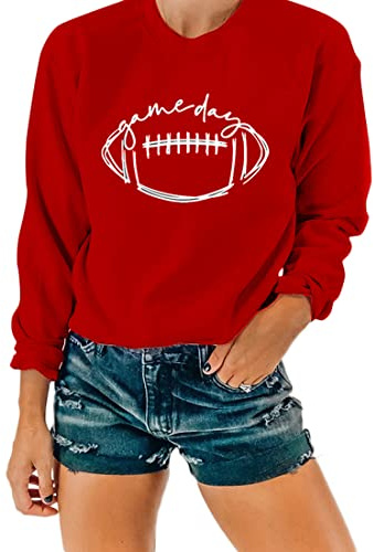 NEXLOMOS Women Crewneck Long Sleeve Football Game Day Sweatshirts (Red,XXL)