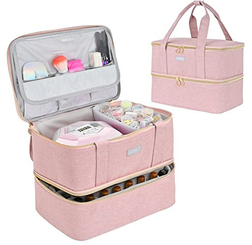 IVODEELA Nail Polish Organisers, Varnish Storage, Double-Layer Carrying Case Storage Bag Holds 40 Bottles (15ml-0.5 fl.oz) and 1 Lamp, Portable Holder for Supplies, Pink