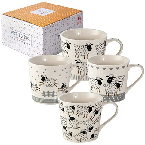 SPOTTED DOG GIFT COMPANY Animal Mugs, 13 oz Coffee Mug Set of 4, Ceramic Tea Cups with Black & White Sheep Designs, Microwave & Dishwasher Safe, Sheep Gifts for Women & Men