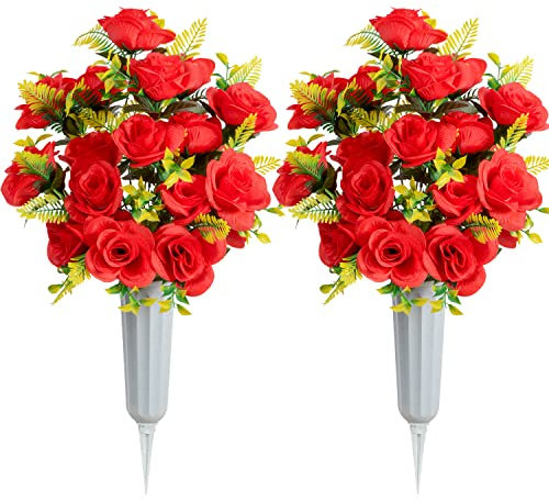 SIFOEL Set of 2 Artificial Grave Memorial Flowers Cemetery Flowers Rose Bouquet with Vase for Cemetery Graveyard Headstones Decoration (Red)