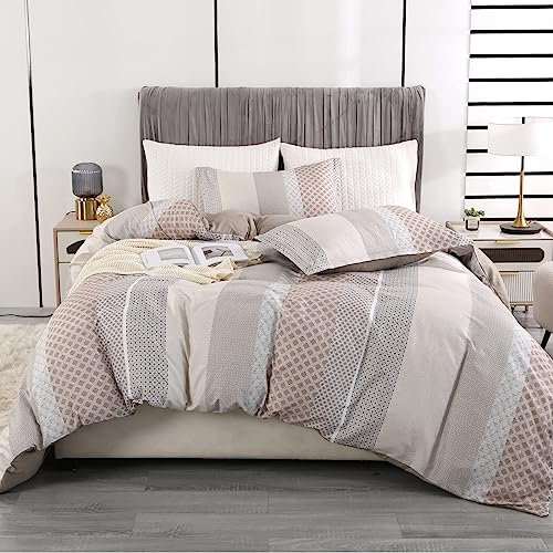 Qucover Beige Grey Striped Bedding Set Soft Microfiber Double Duvet Cover 200x200 cm, Lightweight and Breathable 3 Piece Double Duvet Set with 2 Pillowcases 50x75 cm, Metal Zipper and Corner Ties