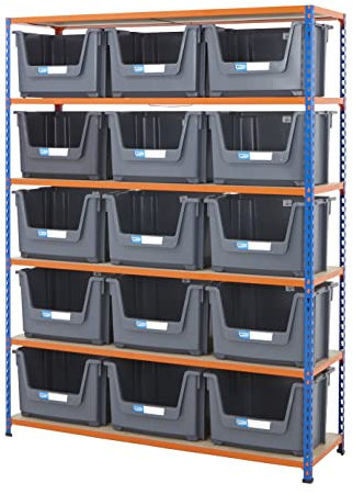 BiGDUG Stacking Storage Bins Shelving Kit - 15x 50L Grey Plastic Pick Bins - 198h x 152.5w x 45.5d cm Blue & Orange Shelving Unit - Up to 100kg UDL Per Shelf - Open Front for Easy Picking