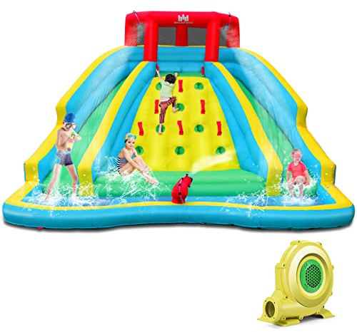 COSTWAY Tobogán Inflable, Parque De Agua Para Niños Con Piscina De Chapoteo, Pared De Escalada, Cañón De Agua Y Toboganes (Con Soplador De 680W)