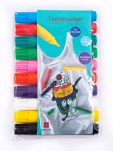 Jamasia 999202-1 - Set di pennarelli per tessuti, 2 confezioni da 10 pezzi, per dipingere tessuto, 20 pennarelli in tessuto, con tratto da 2 a 5 mm, 20 pennarelli per tessuti in 10 diversi colori