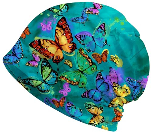 Amasnay Rainbow Butterfly Beanie Chemo Hat Cancer Headwear Skull Hat Knitted Hat Scarf Nightcap Skull Cap for Women Men