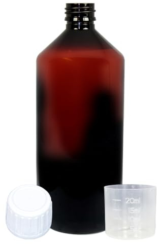 2 x brun, 1 liter laboratorieflaskor av PET med vitt skruvlock och 20 ml mätkopp | flytande flaska | pet-flaska| Plastflaska brun PET, för kosmetika, livsmedel och vätskor