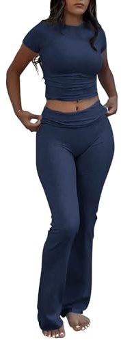 ZFLM Casual Workout Two Piece Outfits for Women Short Sleeve Crop High Waist Foldover Flare Pants Tracksuit Sets Streetwear