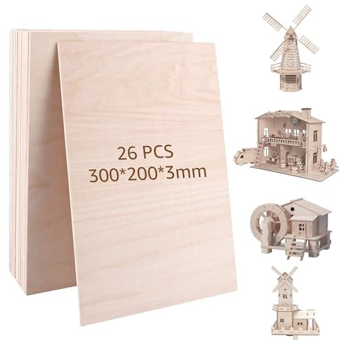DAJAVE Lot de 26 Panneaux de contreplaqué 300 x 200 x 3 mm pour travaux manuels, Panneaux de contreplaqué en Bois de Tilleul inachevé pour projets Laser, modèle de Bricolage, Arts et Artisanat