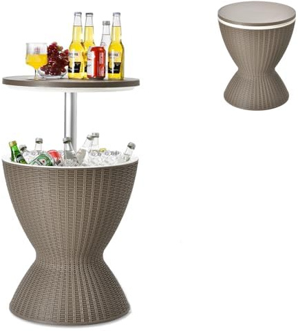 GYMAX Cool Bar 30L Mesa Auxiliar 3 en 1 con Tablero Extensible para Bebidas y Aperitivos, Enfriador de Bebidas en Aspecto de Ratán, Enfriador de Cerveza y Vino para Jardín, Terraza (Marrón)