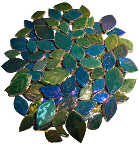 500g Random Iridescent Leaves Ceramics Mosaic Tiles,Making Creative 3 Size Ceramic Mosaic Pieces for DIY Craft,Flowerpots, Vases, Cups, Garden Decor Mosaic Making Supplies (Peacock Green)