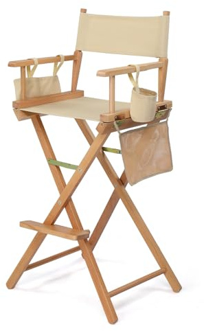 OmySalon 31 Extra Tall Directors Chair - Portable Folding Makeup Chair with Storage Bag & Footrest, Professional for Salon/Outdoor/Craft Shows, 250lbs Capacity (Beige/Natural Frame)