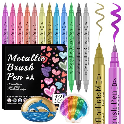 Funnasting Metallic Marker Pens, 12 Colors Dual Tip Metallic Pens Acrylic Paint Markers for Black Paper, Scrapbook Accessories, Gift Card Making, Glass Craft Supplies, Christmas Stocking Fillers