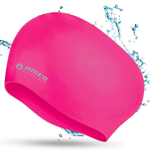 AMEO WATERLOVE Long Hair Silikon-Badekappe – Swim Cap elastisch & strapazierfähig – Badekappe ideal für Lange Haare – wasserdichte Schwimmhaube mit extra Platz, pink