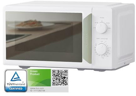 COMFEE' 700W 17L White & Sage Green Mini Microwave Oven, Compact Design, InverTech and Quick Defrost Function, 5 Cooking Power Levels with Kitchen Manual Timer - Mirror Design CMO-MP012ND(GN)-UK