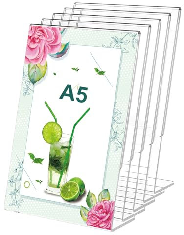 GOIEHIR Espositore da Tavolo, 5 Pezzi Porta Avvisi da Tavolo A5 a Forma, Supporto A5, Supporto da Tavolo in Acrilico, Design Trasparente e Inclinato, Schede per Buffet, per Ristorante, Negozio, Hotel