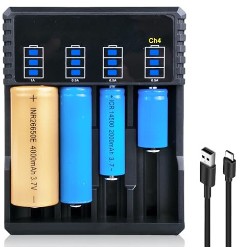 18650 laddare, 4-fack 18650 laddare universell med LED-display, universell batteriladdare, snabb USB-batteriladdare för 18650 18350 21700 16340 26650 AA AAA C 3,7 V Li-Ion batterier