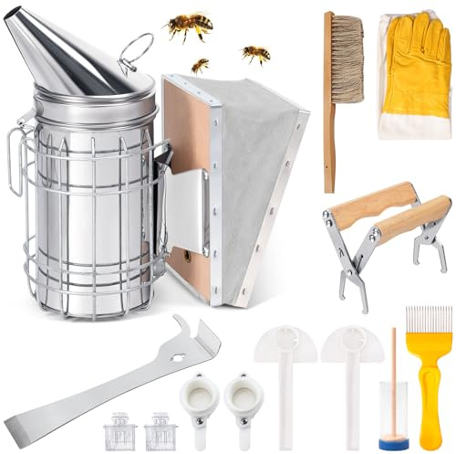Bee Keeping Starter Kit 13pcs, Beekeeping Smoker, Bee Hive Scraper, Brush, Protective Gloves, Honey Uncapping Fork, Bee Hive Frame Gripper, Queen Catcher Clip, Bee Marker Bottle And Drinkers (A01)