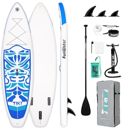 FunWater TIKI 10'6'' Inflatable Stand Up Paddle Board SUP for All Skill Levels Everything Included with Stand Up Paddle Board, Paddle, Pump, ISUP Travel Backpack, Leash, Waterproof Bag, Fins,Blue