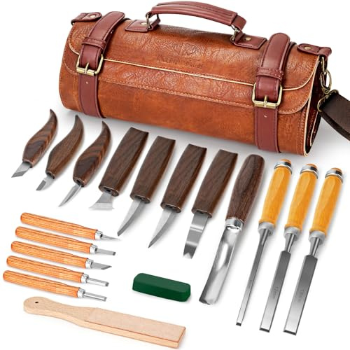 Holzschnitzwerkzeuge, 20-teiliges Holzschnitzerei-Set mit PU-Aufbewahrungstasche Schnitzset Erwachsenemit 3 Meißel & 8 Schnitzmesser & 5 Detailmesser & Schnittschutzhandschuhe