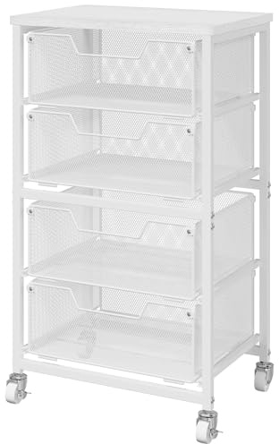 4-Drawer Rolling Storage Cart, Utility Cart with Drawers, White Metal Craft Cart Organizer with Wheels & Wooden Top, Art Supply Storage Organizer for Classroom, Office, Kitchen,Patent Pending