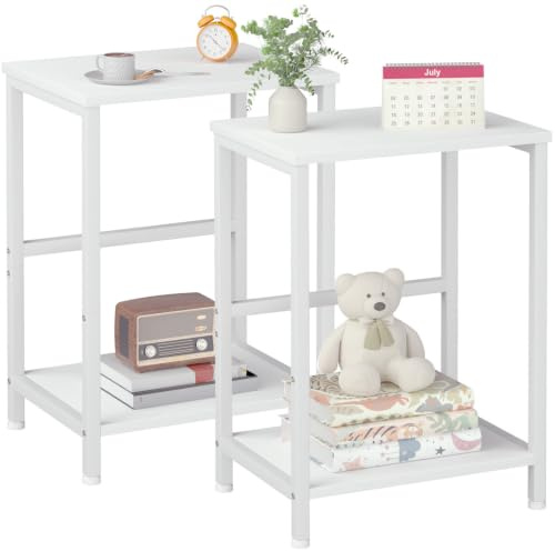 AMHANCIBLE Side Tables Set of 2, Bedside Tables, Coffee Table living room | 2-Tier Sofa Side Tables with Steel Frames, End Table for Small Spaces, Modern Nightstand for Bedroom, White UHET03SQWT