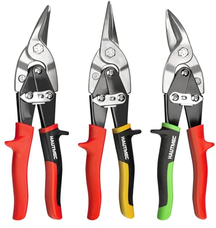 HAUTMEC 3 Pcs Aviation Tin Snips for Cutting Metal Sheet, Heavy-Duty CR-V Metal Shears, 10 Sheet Metal Cutter Tools with Safety Lock & Ergonomic Grip for Straight, Left & Right Cuts – HTSSM25063