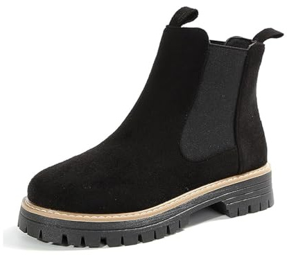 MASHANGGOU Botas ortopedicas para mujer, cómodas, de color sólido, no deslizantes, botas de tobillo para mujer, con suela redonda, botines clásicos de ante elástico y grueso de tacón bajo, Negro , 42