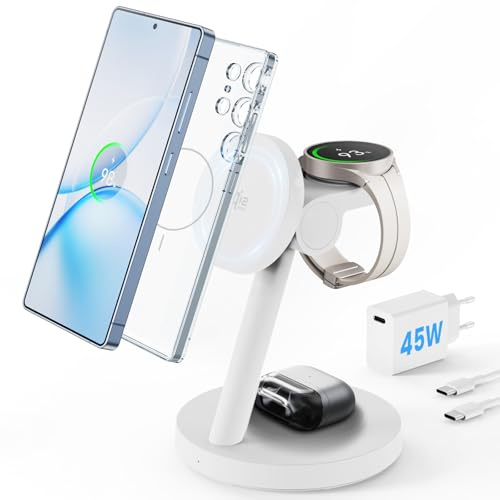 JoyGeek QI2.2 25 W magnetisk laddningsstation kompatibel med iPhone 17 16, 4-i-1-laddare för MagSafe, 180° vridbar modul för Apple & Samsung Watch inkl. 45 W strömförsörjning