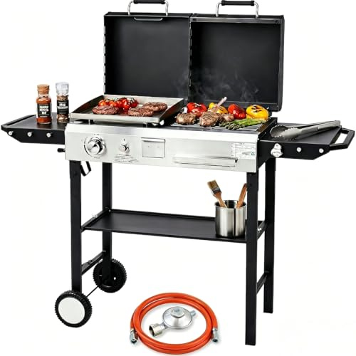 LEADZM Gasgrill 2-in-1 Gas- & Holzkohlegrill 4.5 kW - Ausgestattet mit einem 50-Mbar-Druckminderventil, Geeignet für Familienfeiern und Picknicks im Freien