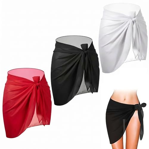 3PCS Sarongs for Women Beachwear, Bikini Cover Ups for Women Chiffon Beachwear, Beach Skirt and Wrap, Sarongs for Women 14x4.7cm, Pool Party and Cruise Vacation Attire Black