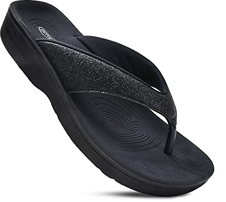 AEROTHOTIC Comfy Arch Support Flip Flops for Women Orthopedic Slip on Sandals (Crystal Black, Size 7)